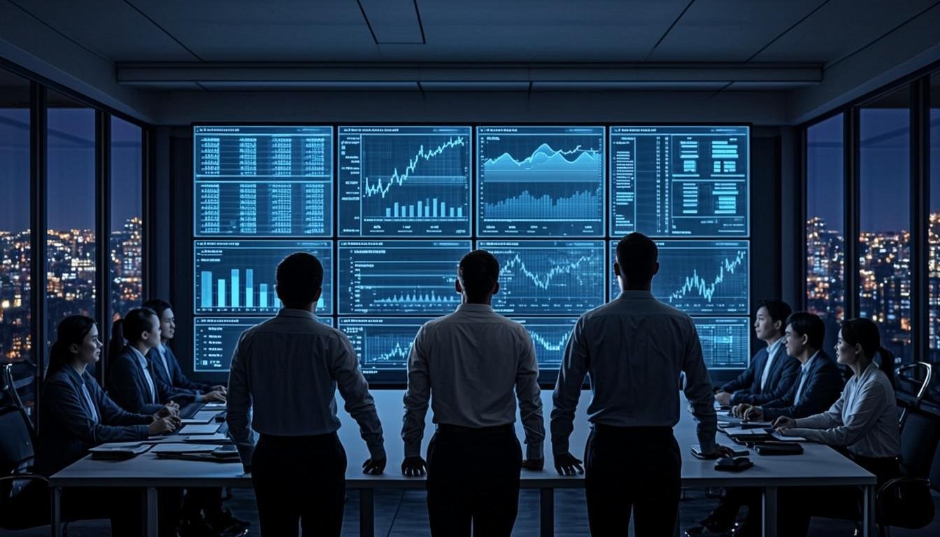 Analysts working beside large market-monitoring dashboards in a dark studio